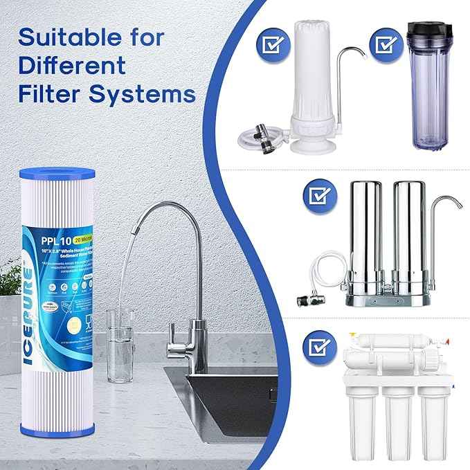 ICEPURE 20 Micron 10" x 2.5" Pleated Sediment Cartridge Replacement Universal Whole House Pre-Filter Compatible with R50, Dupont WFPFC3002, Whirlpool WHKF-WHPL, GE FXWPC, Any 10 inch RO Unit, 4PACK