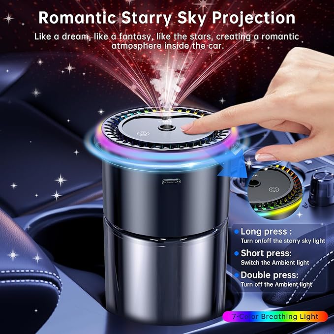 Smart Car Air Freshener,180ml (6.09 Oz) Car Air Freshener Diffuser for 270days,Auto On/Off,Starry Sky Projection,7 Color RGB Light,3 Adjustable Modes for Travel Office Home (Cologne)