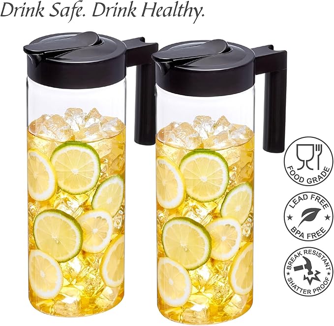 Amazing Abby - Skinny - 2-Pack Tritan Pitcher (64 oz), Unbreakable Plastic Water Pitcher with Lid, BPA-Free, Heat-Resistant, Dishwasher-Safe, Great for Both Iced and Hot Drinks, Black