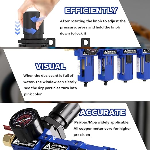 1/2 Inch NPT Air Dryer for Compressor,4 Stage Air Drying System,Brass Filter, Coalescing Filter,Double Desiccant Dryers & Air Regulator,Metal Bowl,Semi-Auto Drain,Industrial Grade(Blue) - AquaVibe