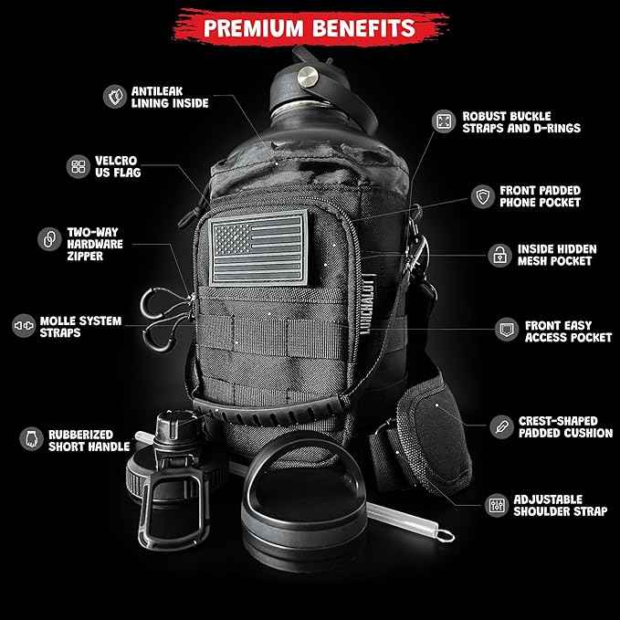 1 Gallon Water Bottle - 128 Oz Insulated Stainless Steel Metal Water Bottle with Holder - Carrying Bag - Spout Handle - Straw Lids - Keep Cold & Hot - Black Tactical Flask