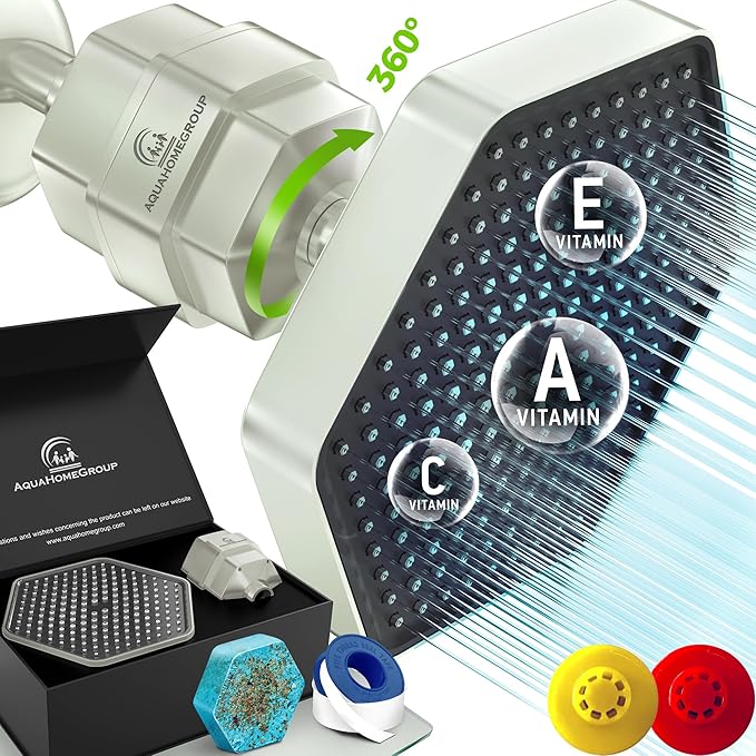 AquaHomeGroup Luxury Shower Head with Filters - 20 Stage Hard Water Filter Showerhead to Remove Toxic Chemicals, Chlorine, Fluoride - Water Softener Shower Head with Vitamin C E A (Brushed Nickel)