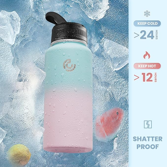 COKTIK 32oz Sports Water Bottle, Stainless Steel Water Bottle for Insulated, Reusable Travel Bottle, With Straw, With Handle Grip for Easy Carrying, Suitable for Cycling, Outdoor Vacations(Bubble Gum)