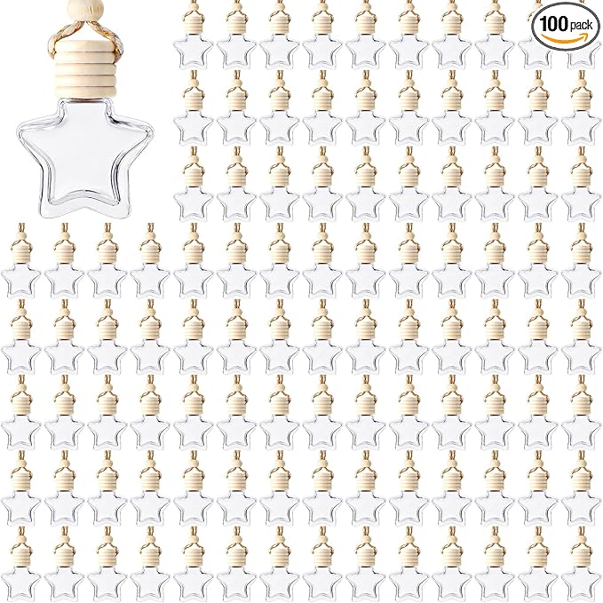 BBTO 100 Pcs Car Air Fresheners Diffuser with Wooden Cap Empty Aromatherapy Diffuser Clear Fragrance Holder Pendant Hanging Perfume Fresheners for Car Decor (Clear, Star)