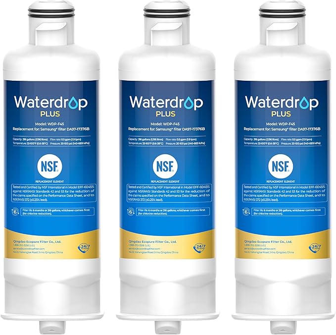 Waterdrop Plus DA97-17376B Water Filter, Replacement for Samsung® HAF-QIN/EXP, DA97-08006C, NSF/ANSI 401&53&42&372 Certified Refrigerator Water Filter, 3 Filters (Package may vary) - AquaVibe
