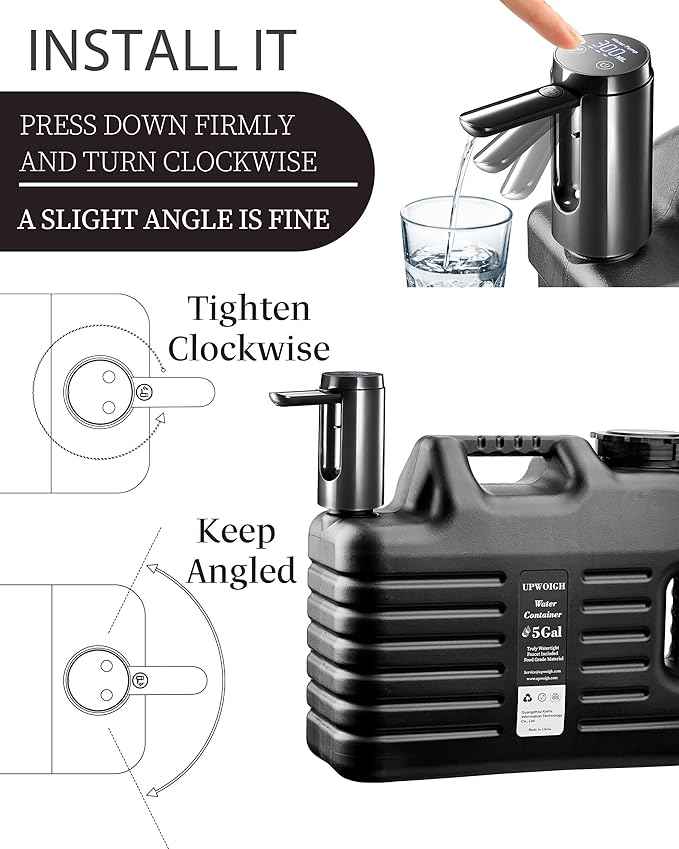 Portable 5 Gallon Water Jug with Automatic Touch Control Pump,Truly No Leakage Water Container with Spigot,Type-C Rechargeable Black Water Pump Gear for Outdoors Camping Hiking