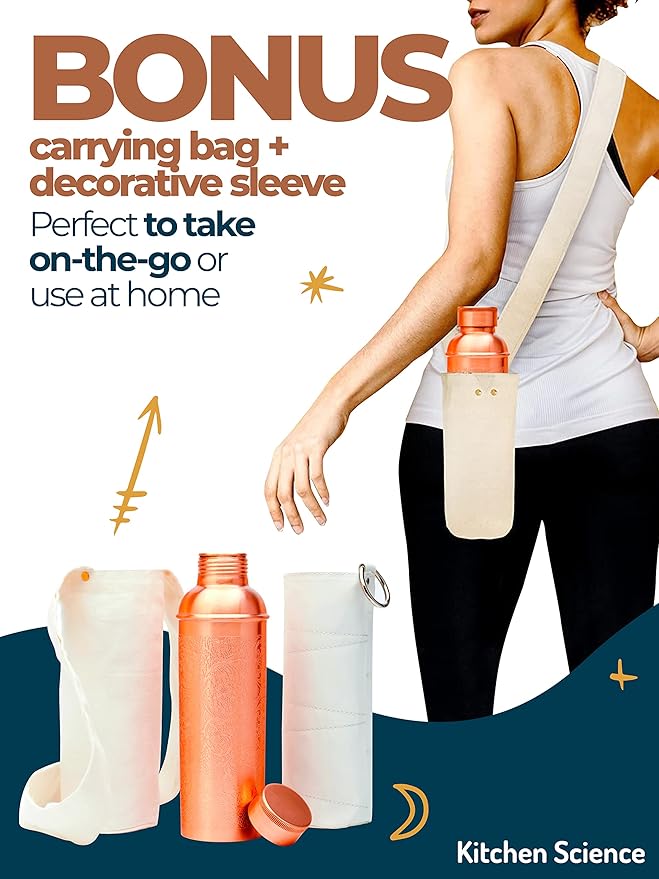 Authentic Ayurvedic Designer Copper Water Bottle of 34 Oz/1000 ml with Carrying Canvas Bag & Sleeve for Drinking Water | Leak-Proof & Lab Tested