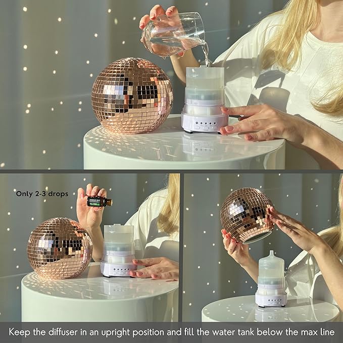 Disco Ball Diffuser Rotating - Aroma Diffuser Essential Oils, Cute Room Diffuser, Disco Ball Party Decorations, Disco Ball Decorations, Disco Ball Light | Fragrance Diffuser for Medium Room Rose Gold