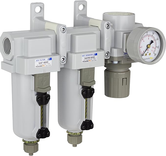 PneumaticPlus SAU430-N06G-MEP Three Stage Air Drying System Particulate Air Filter, Coalescing Filter, Air Pressure Regulator Combo 3/4