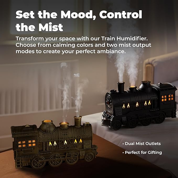 OMEO Black Small Train Aromatherapy Humidifier & Essential Oil Diffuser - Dual Mist, Quiet Ultrasonic, 300ML Tank, Remote Control, LED Light, Air Purifier for Home, Office, and Bedroom Use