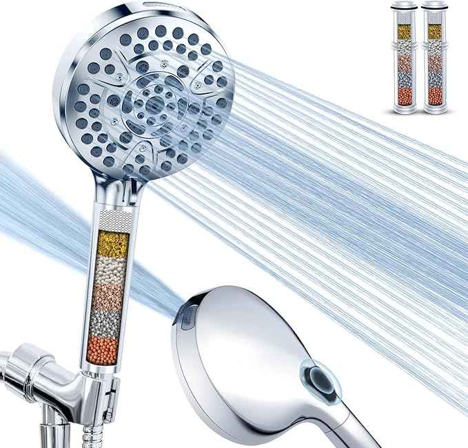 PALAS Filtered Shower Head with Handheld, High Pressure 10-Mode with Filters, Built-in Power Wash, soften hard water Remove Chlorine, Reinforced Hose, Overhead Bracket, Anti-clog nozzle (Chrome)