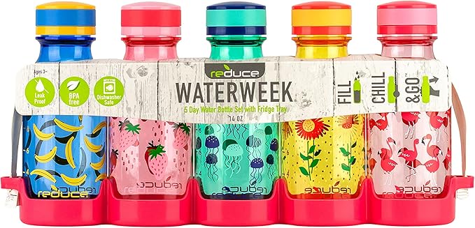 REDUCE WaterWeek 14 oz Tritan Reusable Water Bottles - Includes 5 Leak Proof Bottles and Fridge Tray - BPA Free and Dishwasher Safe