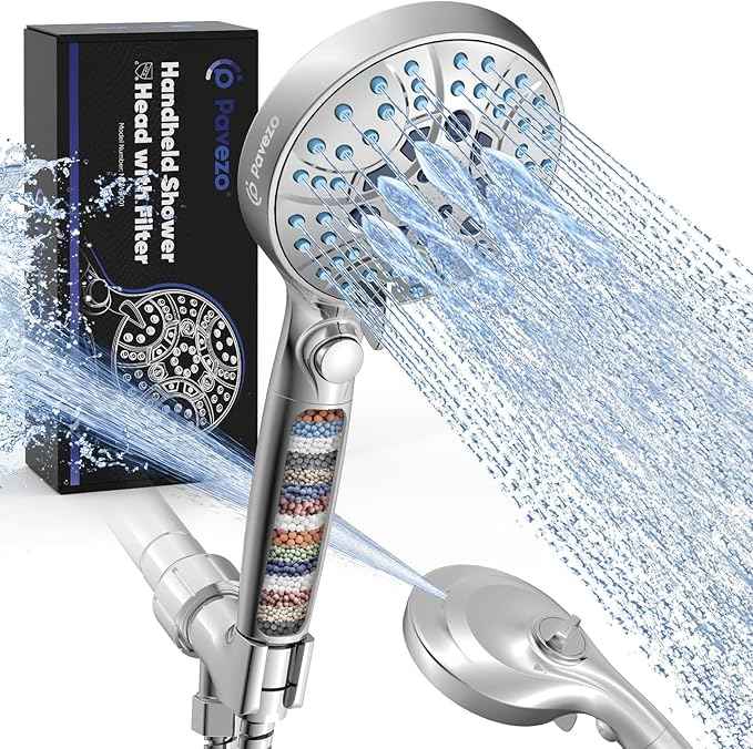Pavezo® High Pressure Handheld Shower Head with Filter, ON/OFF Switch Pause Button, 10-mode Shower Head with Hard Water Softener Filters, SS Hose, Anti-clog & Powerful Clean Tile & Pet, Premium Chrome