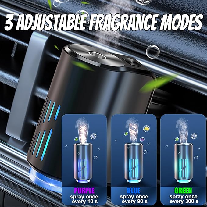 Car Air Freshener Diffuser, Smart Car Air Freshener, 3 Adjustable Modes, Auto On/Off Smart Cars Diffuser, Rechargeable Aromatizante Para Carro Difusor with 6 Bottles Essential Oil
