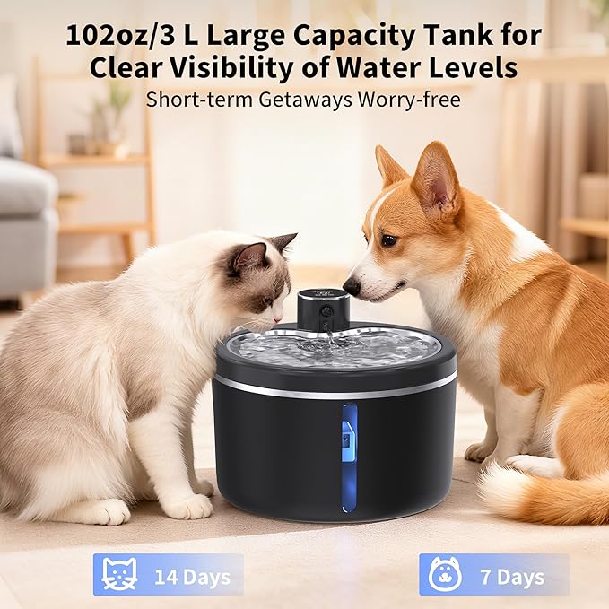 Cat Water Fountain Cordless, 108oz/3L Pet Fountains for Cats Indoor with Stainless Steel Tray, Battery Operated Cat Drinking Fountain with Motion Sensor, Ultra Quiet Pump (Cat Fountain+8Filters)