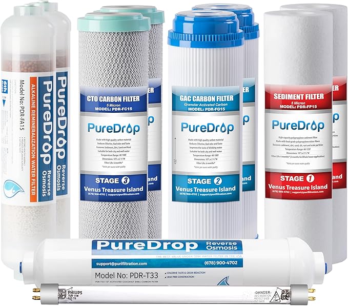 PDR-F10KU 50 GPD Reverse Osmosis Water Filter 1-Year Replacement Cartridges for RTW5AK-UV 7-Stage RO Water Filtration System with Alkaline Mineral & UV light Filter, 10 Pieces