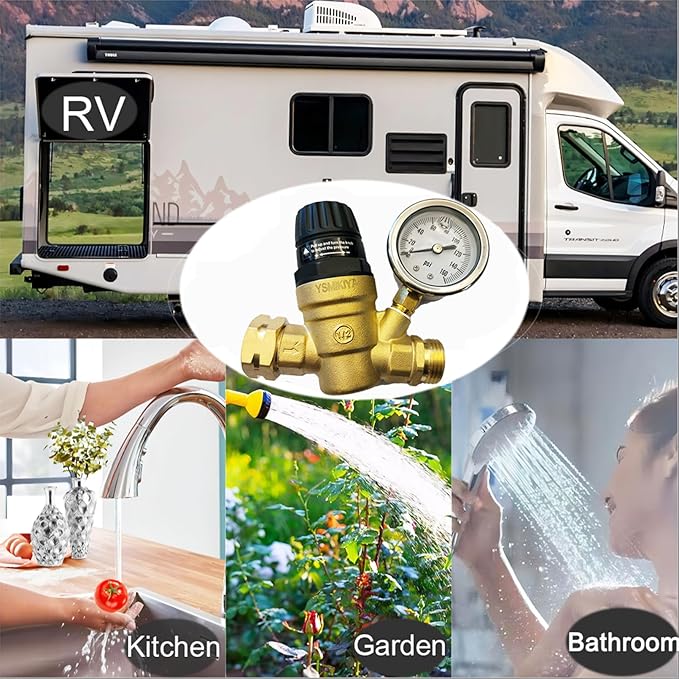 RV Water Pressure Regulator Valve with Handle Adjustable, Silicone Oil Gauge, Double Filters,Made of Leadless Brass,0-160 PSI Gauge,3/4" Connector for Camper Travel Trailer Water Pressure Control
