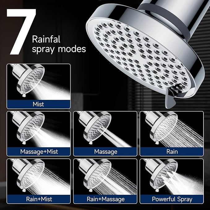 MIKEE Filtered Shower Head, 7 Modes High Pressure Shower Heads with Water Softener Filter Cartridge for Hard Water Remove Chlorine and Harmful Substances,6inch Rain Shower Heads,Chrome