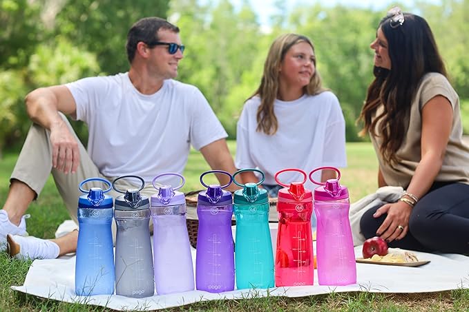 Pogo 64oz Plastic Water Bottle with Leak-Proof Chug Lid and Carry Handle, Reusable, BPA Free, Capacity Markings, Dishwasher Safe, Perfect for Travel, School, Outdoors, and Gym, Purple