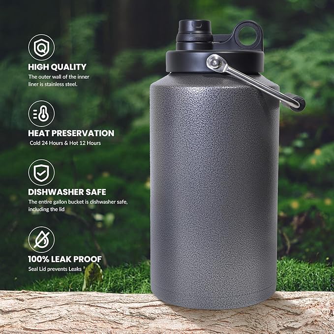 1 Gallon Water Bottle Insulated Stainless Steel Keeps Ice 48Hr, Large Water Gallon Jug Wide Mouth Leakproof Vacuum for Gym, Camping, & Construction Charcoal Gray