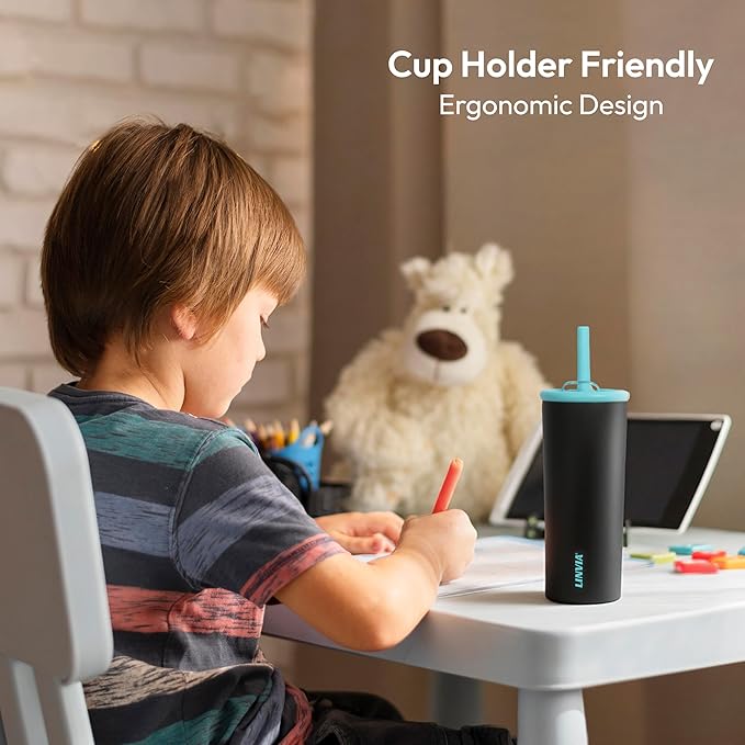 Candy Tumbler, 12 oz Kids Insulated Stainless Steel Water Bottle with Spill Resistant Silicone-Metal Straw and 2-in-1 Lid, BPA-Free, Cup Holder Friendly, Dishwasher Safe, Hot Pink