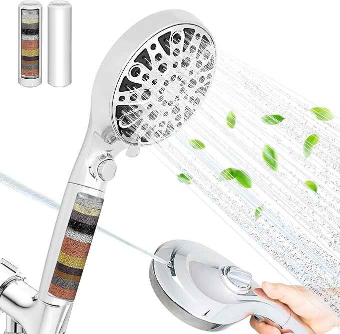 HYLER Filtered Handheld Shower Head with 8-Spray Modes and 1-Jet, 1.8 GPM Water Saving, ON/OFF Switch, 6ft Extra-long Stainless Hose, 15-Stage Strong Filter, Chrome and 1-Extra Filter