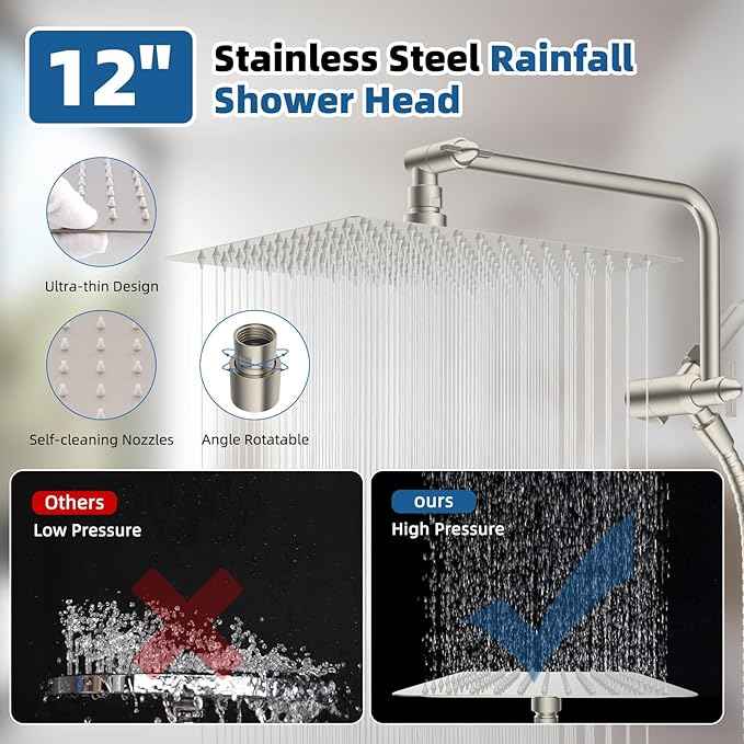 12" All Metal Shower Head, High Pressure 10-Spray Handheld Showerhead Rainfall Shower Head Combo with 11" Adjustable Shower Extension Arm, 71" Hose, Shower Head Holder, Brushed Nickel