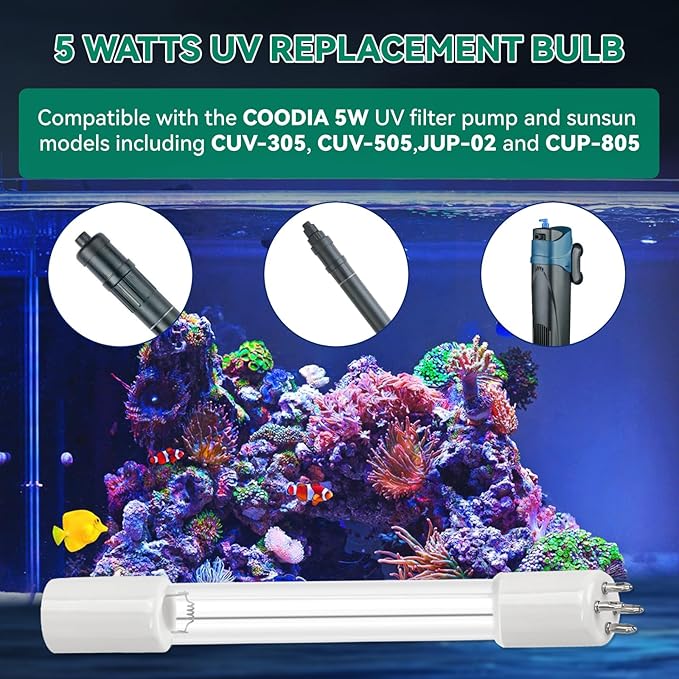 Replacement UV Bulb 5W, Compatible with COODIA 5W UV Filter Pump and Sunsun CUV-305, CUV-505, JUP-02 Filter, Replacement for UVC Aquarium Light, 2 Pack