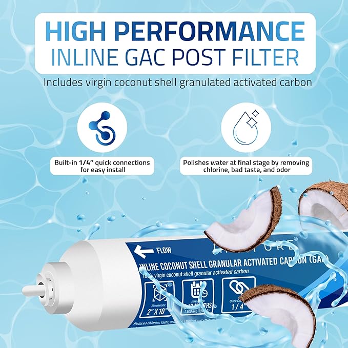 In line Water Filter 2" x 10" Coconut Shell Post Activated Carbon Water Filter Replacement 1/4" Quick Connects for Inline Reverse Osmosis RO Water Filtration, Refrigerator, Ice Maker [2 Pack]