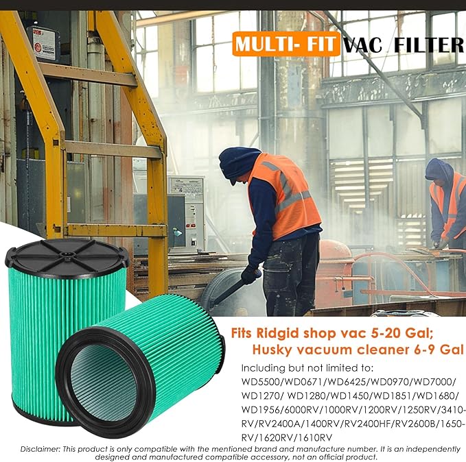 VF6000 Replacement Filter for Ridgid Shop Vacuums 5-20 Gallon, Universal VF6000 Filter Fits Rigid Wet Dry Vac/Husky Shop Vacuum Filter 6-9 Gallon with Foam Sleeves- 2 Pack - AquaVibe