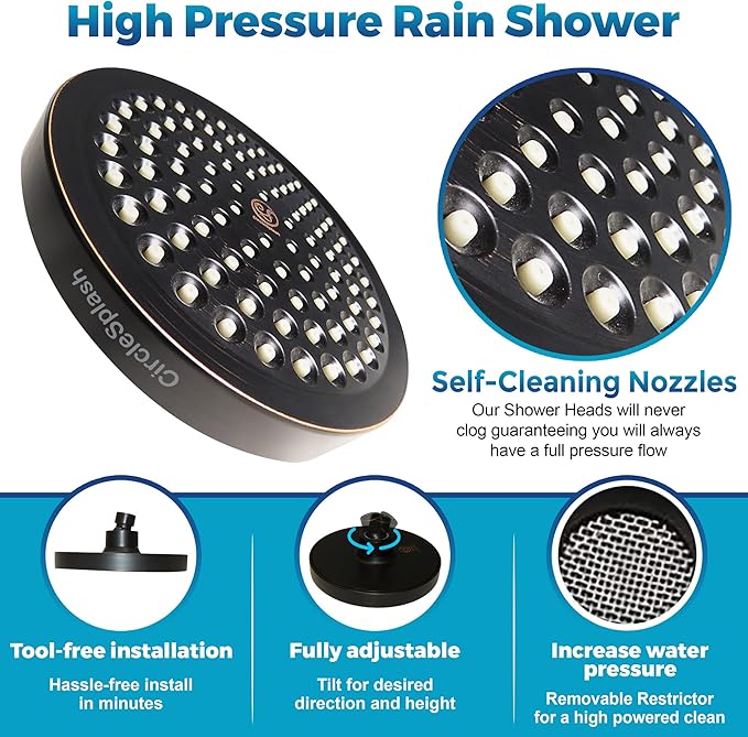 High Pressure Shower Head - Anti-Clogging Silicone Nozzles - 2.5 GPM Removable Restrictor - Easy Clean Adjustable Replacement - easy to install with Plumbers Tape - 6 inch - Oil Rubbed Bronze Finish - AquaVibe