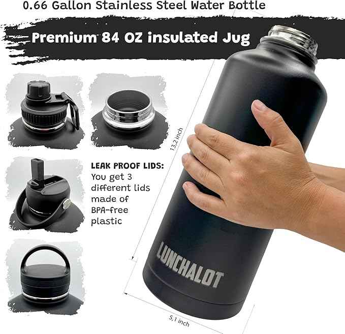 Half Gallon Water Bottle Jug - 84 Oz Insulated Stainless Steel Metal Water Jug with Holder - Carrying Bag - Spout Handle - Straw Lids - Keep Cold & Hot - Black Tactical Flask