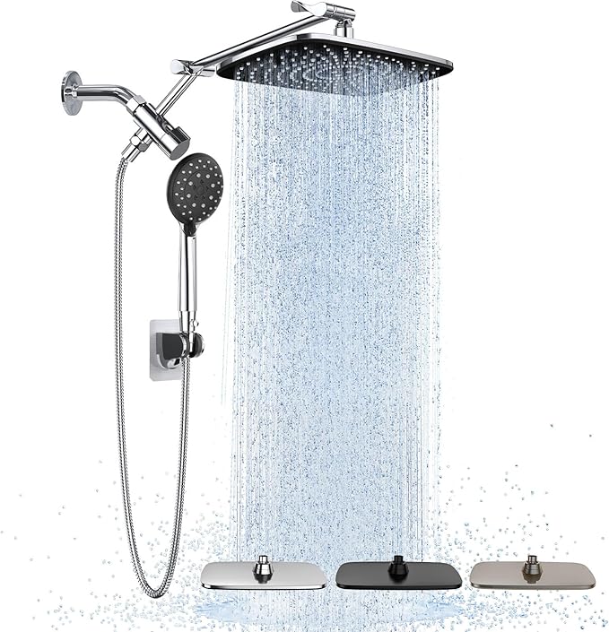 Veken Wide Rain Shower Head with Handheld, High Pressure Rainfall Showerhead Combo with Arm for Bathroom Accessories, Home Decor, Detachable Dual Shower with Multi Modes Handheld Spray, Silver Chrome