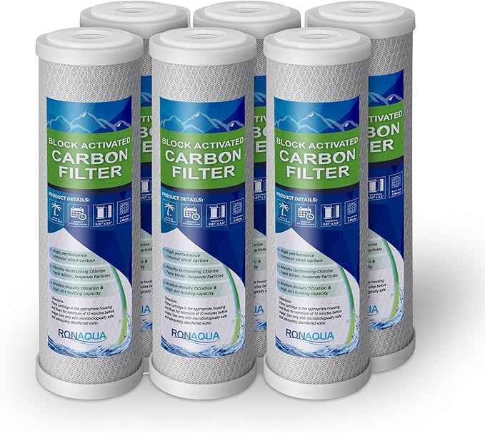 Block Activated Carbon Coconut Shell Water Filter Cartridge 5 Micron for RO & Standard 10” Housing WELL-MATCHED with WFPFC8002, WFPFC9001, WHCF-WHWC, WHEF-WHWC, FXWTC, SCWH-5 (6 Pack)