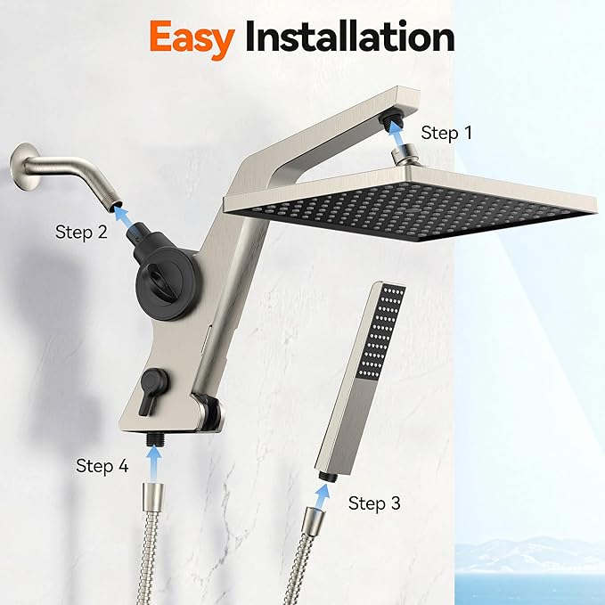 MakeFit Filtered Rain Shower Head with Handheld Combo High Pressure 12'' Rainfall Shower Heads & Hidden Detachable Wand Dual Showerhead Water Softener for Hard Water Easy Filter Replacement