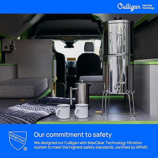 Culligan MaxClear 3 Gallon Gravity Water Filter System, Polished Stainless-Steel Countertop Water Filter NSF/ANSI Certified to Reduce Microplastics, Lead & Total PFAS, with 2 Ceramic Filters