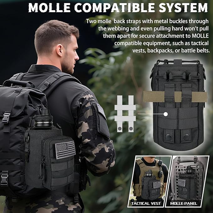 Half Gallon Water Bottle Insulated with Sleeve - Tactical 64 oz Stainless Steel Water Jug with MOLLE Water Bottle Pouch, Gym Water Bottles for Men Hiking Workout (Black)