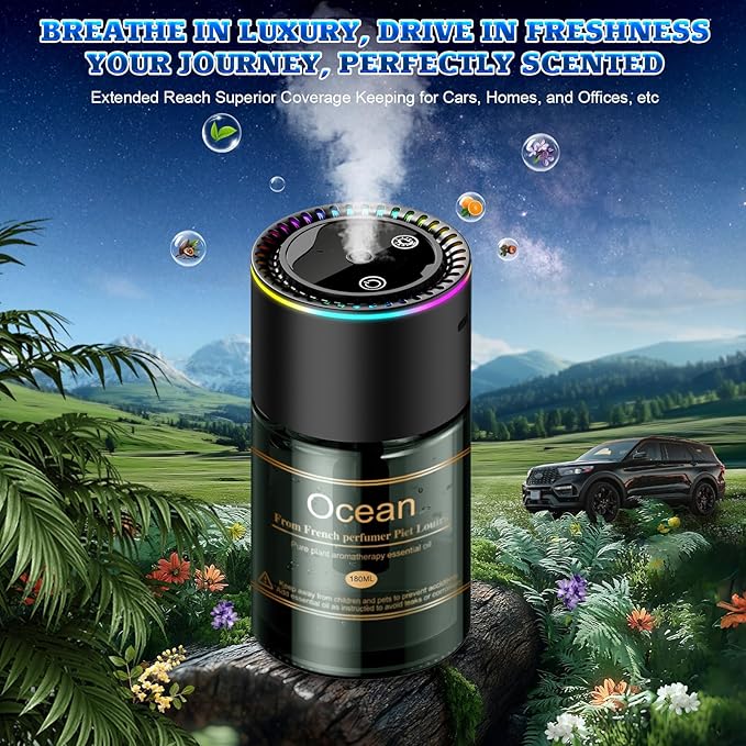 Smart Car Air Freshener Diffuser - 270-Day Long-Lasting Essential Oil 6.09 Fl Oz /180ml, Auto On/Off Sensor, Ultrasonic Dual Modes, Multi-Mode Adjustable, Natural French Fragrance Oils, Ocean Scent