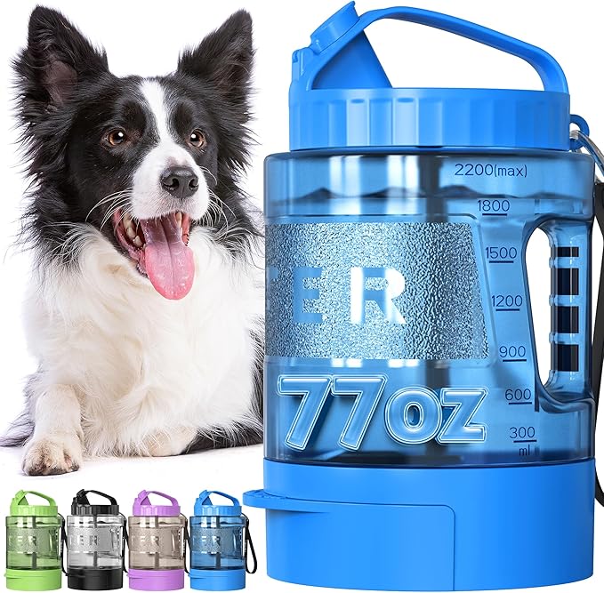 Portable Dog Travel Water Bottle, 77oz Large Dog Water Bowl Dispenser Portable, Leakproof Pet Drinking Bottle Dispenser for Hiking Camping Walking Travelling Beach Car Trips, BPA Free,Blue - AquaVibe