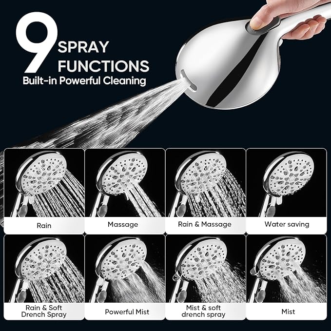 Cobbe High Pressure Shower Head with Built-in Pause Button, 9-Function Detachable Showerhead with Handheld Brass Swivel Bracket & Stainless Steel Hose, Water Saving 1-Click Stop, Chrome