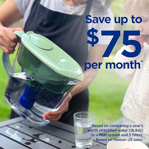 PUR Plus 11-Cup Water Pitcher, 1 Lead-Reducing Filter, Cleaner, Great-Tasting Water, Dishwasher Safe, Powerful Filtration, Filter Change Light Indicator, LockFit Cap Design - Sage