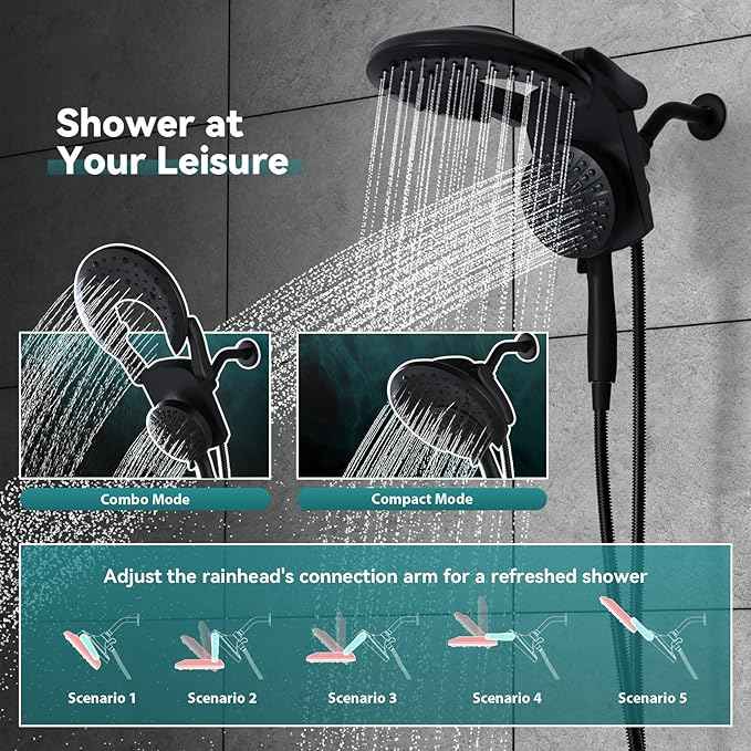 Rain Shower Head with Handheld: Foldable High Pressure Shower Heads with Handheld Spray Combo, 9 Spray Settings/Modes Hand Held Showerhead Dual Rainfall Shower Head Built-in Magnetic Docking and Jets