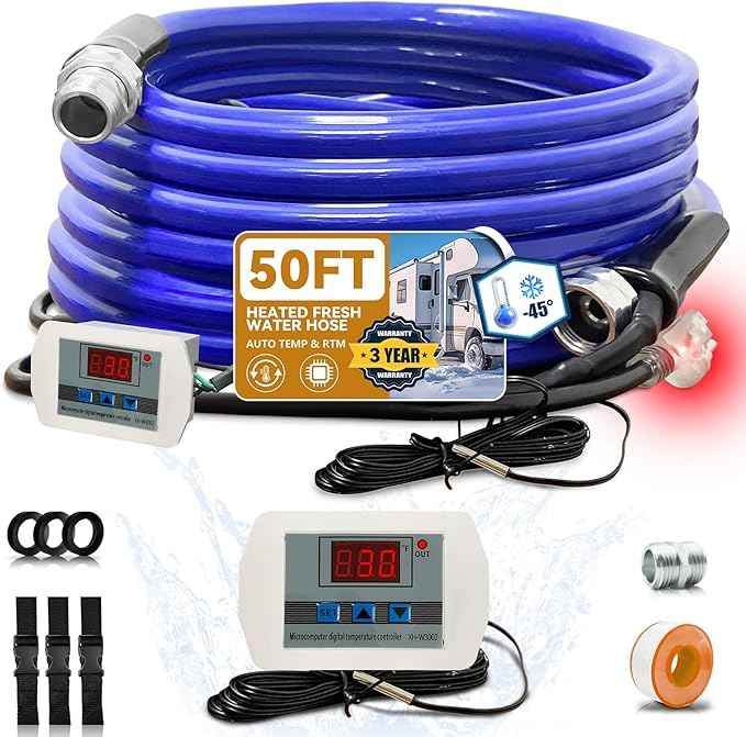 Cupohus Heated Water Hose for RV 50FT- Adjustable Temperature Control & Real-Time Monitor, Freeze Protection Down to -45℉ for Winter Camping, RV Travel, Outdoor Enthusiasts, 110-120V