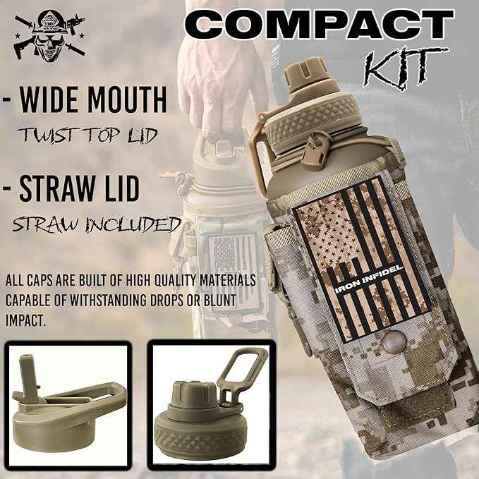 Iron Infidel Battle Bottle - 32 Oz Insulated Water Bottle with Straw Lid & Chug Cap, Stainless Steel Metal Tactical Flask With Rugged, Removable Sleeve for Keys & Phone or Wallet (MARPAT 1 Liter)