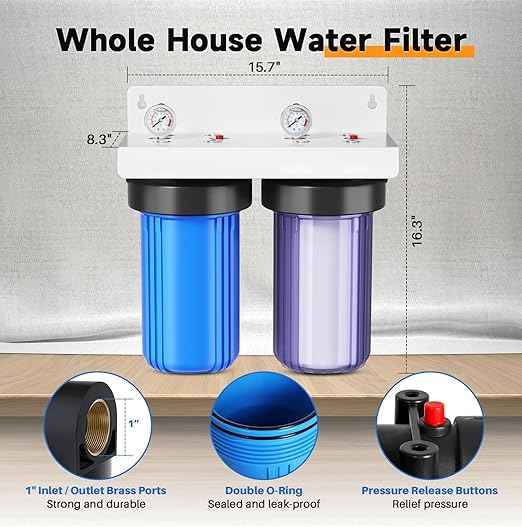 PUREPLUS 2-Stage Whole House Water Filtration System, Reduces Chlorine, Odor, Heavy Metals & Rust, with Pressure Gauges, 10" x 4.5" Clear Housing, 1" Inlet/Outlet, PP Sediment & KDF Carbon Filters