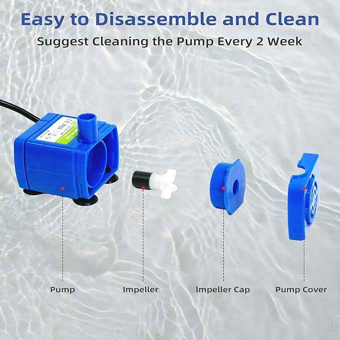 IP68 DR-DC160 Submersible Water Pump Cat Water Fountain Pump for Tritone Ceramic, Stainless Steel, Round Flower Cap Cat Fountains, Automatic Pet Water Dispenser Replacement Pump (No LED & with Brush)