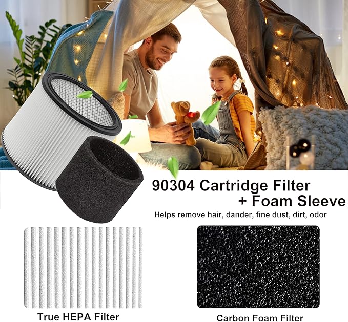 (2) 90304 HEPA Cartridge Replacement Filter with Lids + (4) 90585 Foam Sleeves, Compatible with Shop-Vac 90304, 90350, 90333, Shop Vac 903-04-00, 9030400, 90585, 5 Gallon up Wet/Dry Vacuum Cleaner - AquaVibe
