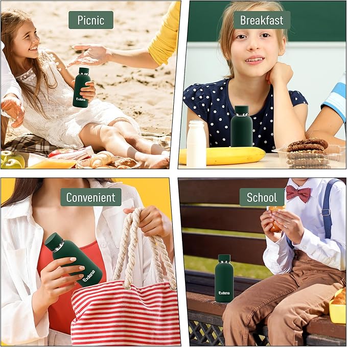 Exllena Small Water Bottle 12oz with Clip, Double Wall Stainless Steel Vacuum Small Insulated Water Bottle Keeps Drinks Cold 24 Hrs/Hot 12 Hrs for Kids Handbag School BPA Free (Emerald Green)