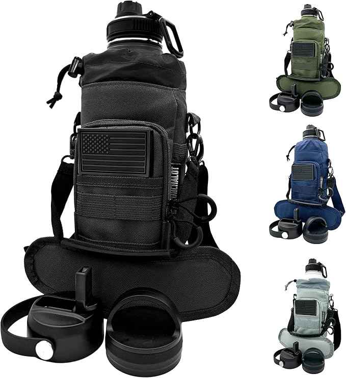 Half Gallon Water Bottle Jug - 84 Oz Insulated Stainless Steel Metal Water Jug with Holder - Carrying Bag - Spout Handle - Straw Lids - Keep Cold & Hot - Black Tactical Flask