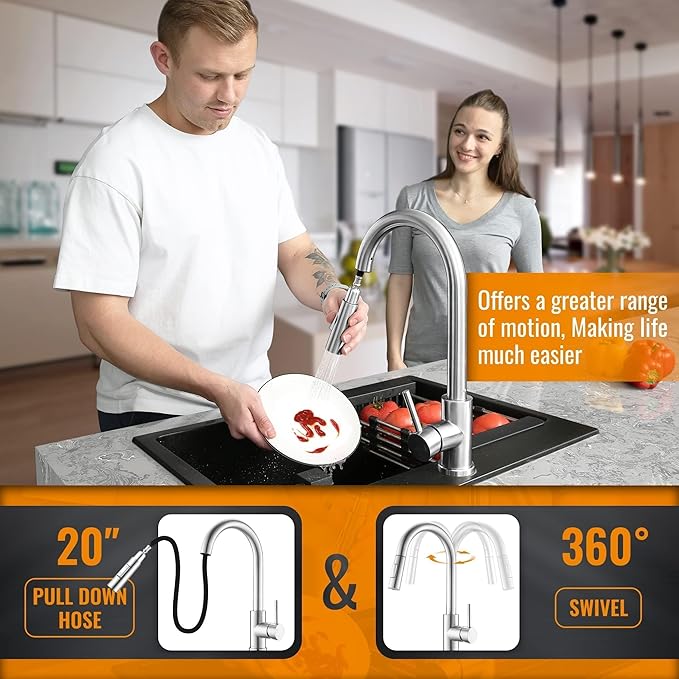 APPASO Kitchen Faucet with Soap Dispenser: Brushed Nickel S304 Stainless Steel Sink Faucets with Pull Down Sprayer 2 Modes, Modern Single Handle High Arc for Sink RV Bar, Easy to Install & No Leaking